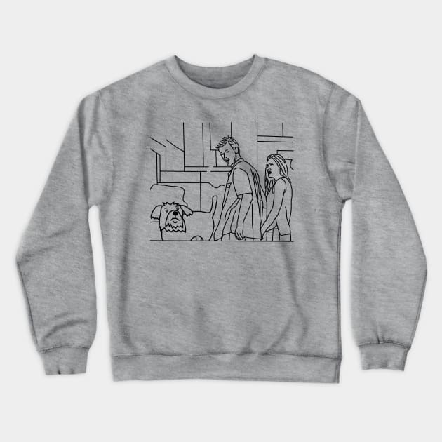 Cute Dog and Distracted Boyfriend Meme Line Drawing Crewneck Sweatshirt by ellenhenryart